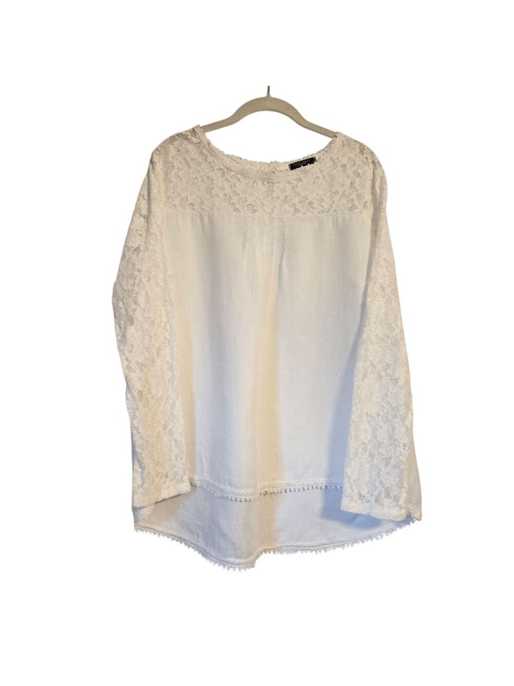 Lungo L'arno White Linen and Lace Crochet Trim Long Sleeve Blouse Tunic Large